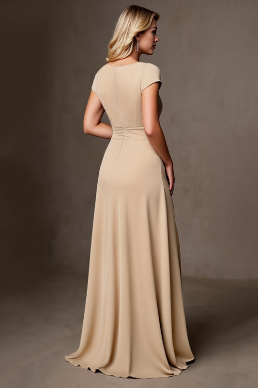 Champagne Sheath Ruched Long Satin Mother of the Bride Dress