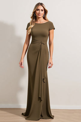 Olive Sheath Ruched Boat Neck Long Mother of the Bride Dress with Sash