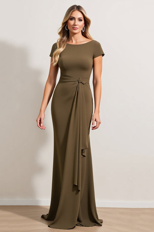 Olive Sheath Ruched Boat Neck Long Mother of the Bride Dress with Sash