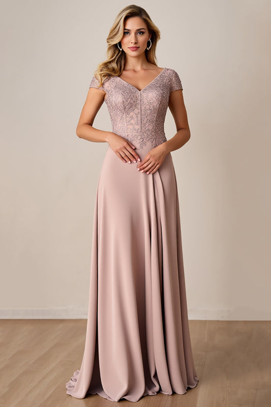 Dusty Rose V-Neck Appliqued Long Mother of the Bride Dress