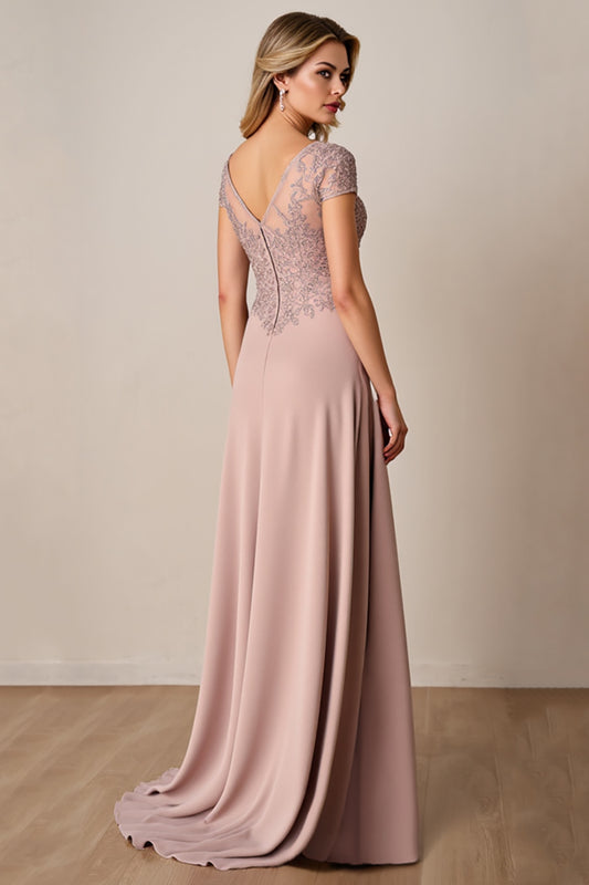 Dusty Rose V-Neck Appliqued Long Mother of the Bride Dress