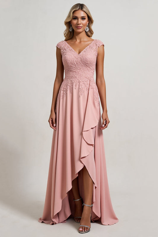 Blush A line V-Neck Asymmetrical Long Mother of the Bride Dress with Ruffles