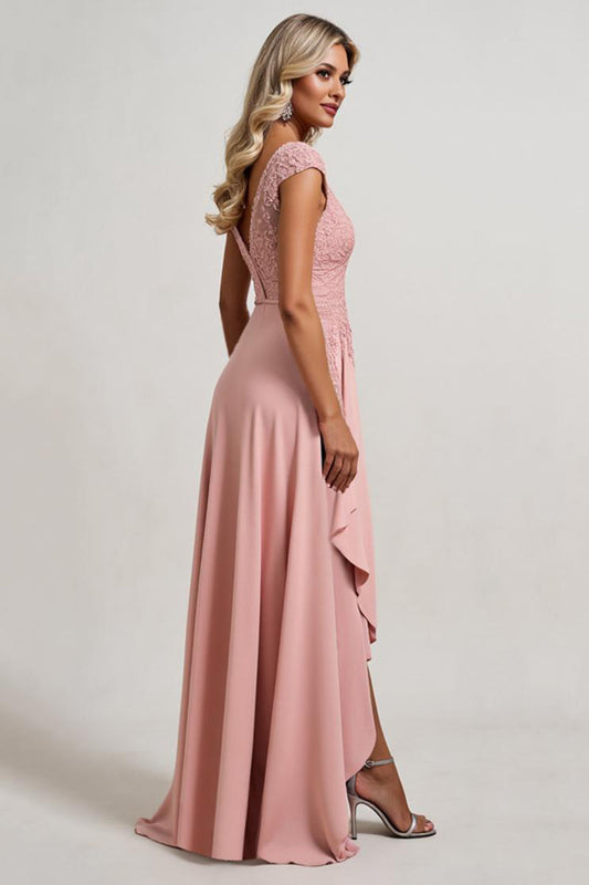 Blush A line V-Neck Asymmetrical Long Mother of the Bride Dress with Ruffles