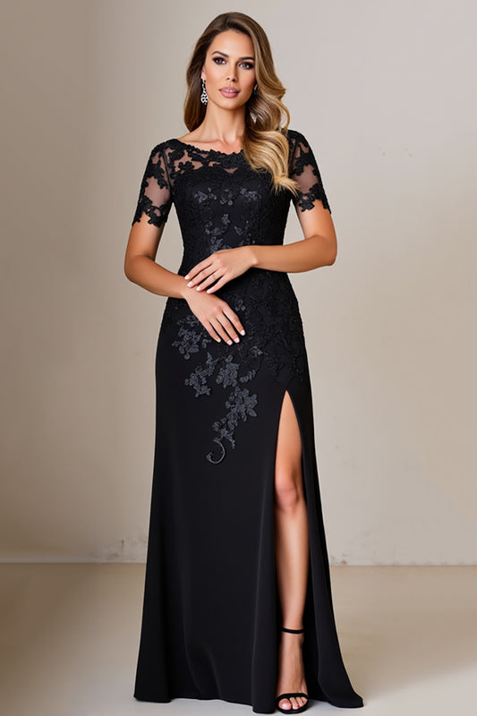 Black Sheath Appliques Long Mother of the Bride Dress with Slit