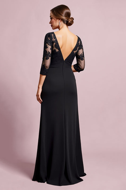 Black Sheath Keyhole Long Mother of the Bride Dress with 3/4 Sleeves