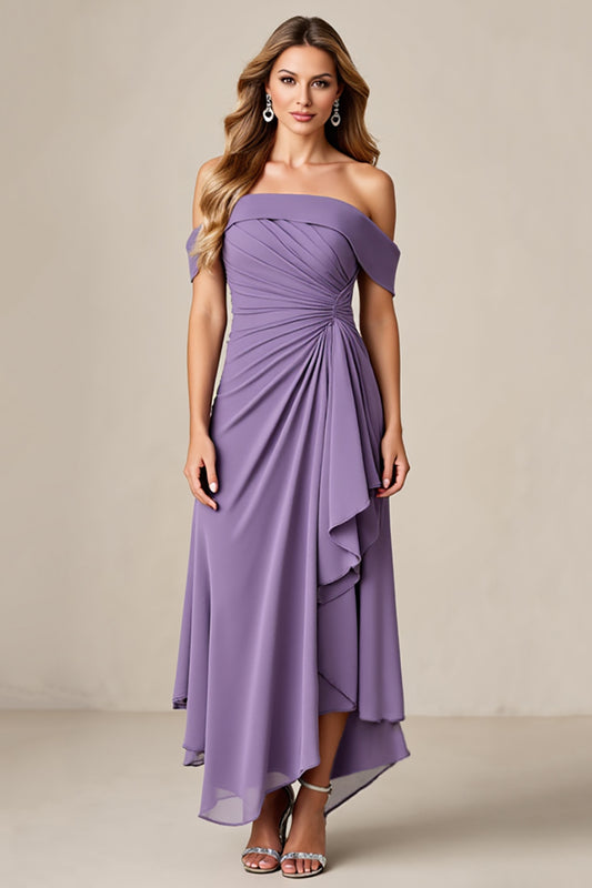 Tahiti Off the Shoulder Chiffon Long Mother of the Bride Dress with Ruffles