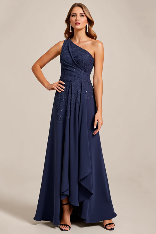 Navy One Shoulder A Line Asymmetrical Long Mother of the Bride Dress