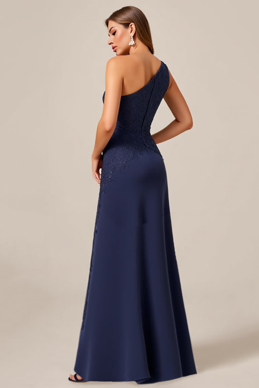 Navy One Shoulder A Line Asymmetrical Long Mother of the Bride Dress