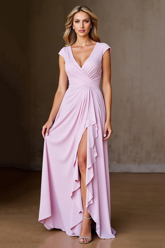 Candy Pink V-Neck Ruffled Long Mother of the Bride Dress with Slit