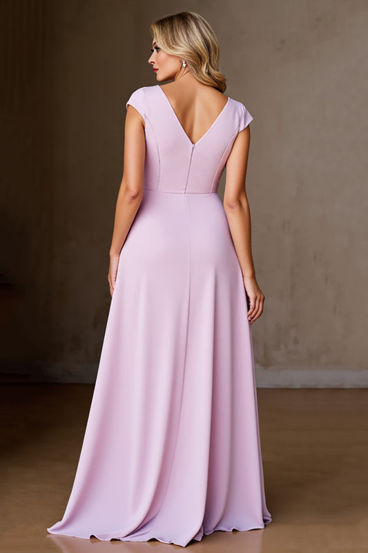 Candy Pink V-Neck Ruffled Long Mother of the Bride Dress with Slit