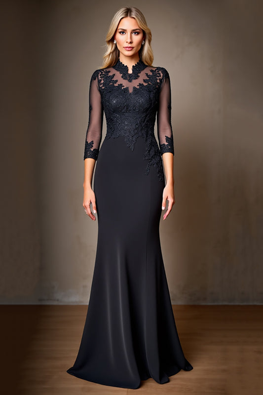 Black Mermaid Satin Long Appliqued Mother of the Bride Dress with 3/4 Sleeves