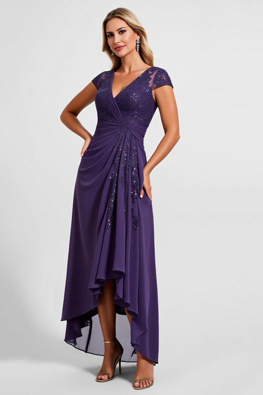 Purple V-Neck Chiffon High-Low Mother of the Bride Dress with Cap Sleeves