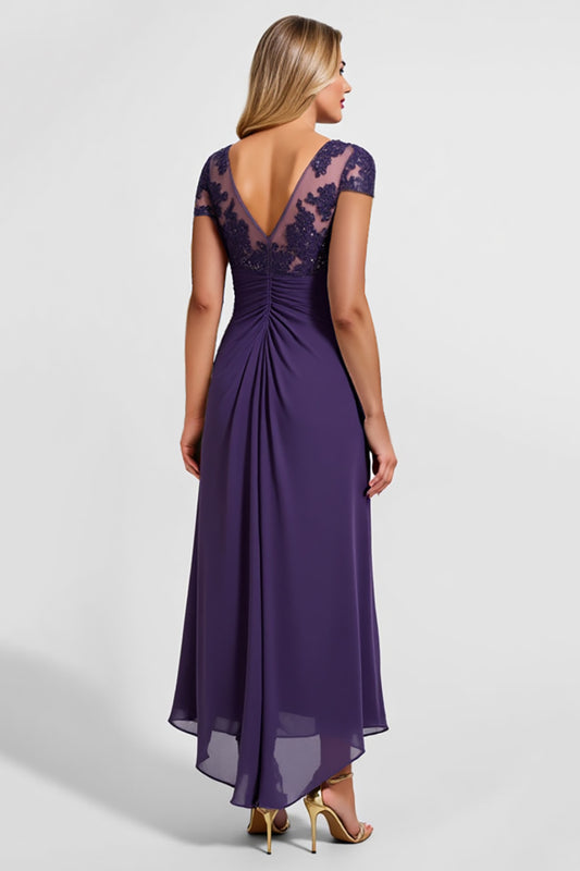 Purple V-Neck Chiffon High-Low Mother of the Bride Dress with Cap Sleeves