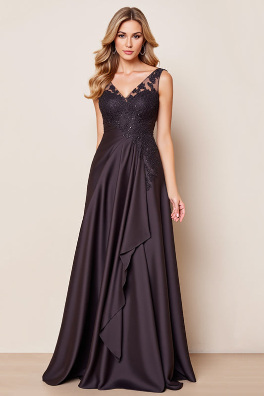 Black Satin V-Neck A Line Long Mother of the Bride Dress with Appliques
