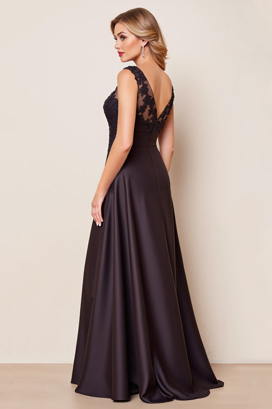 Black Satin V-Neck A Line Long Mother of the Bride Dress with Appliques