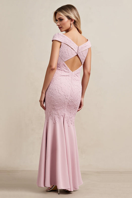 Candy Pink Boat Neck Mermaid Long Mother of Bride Dress with Cap Sleeves