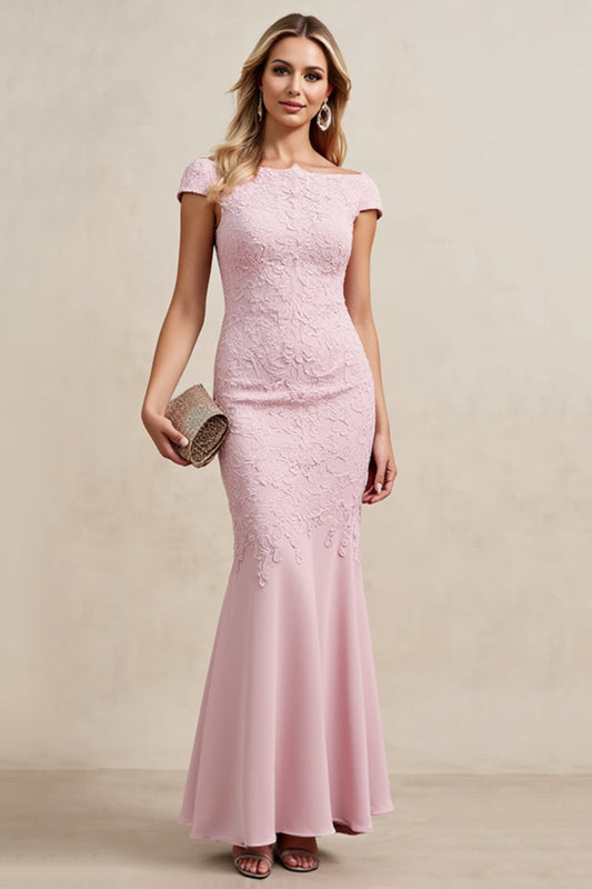 Candy Pink Boat Neck Mermaid Long Mother of Bride Dress with Cap Sleeves