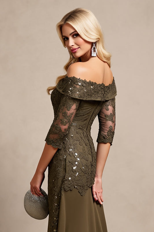 Olive Off the Shoulder Appliques Long Mother of the Bride Dress with Sleeves
