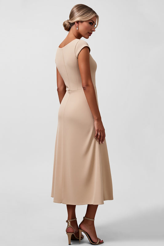Champagne Satin Ruffled Tea-Length Mother of the Bride Dress with Cap Sleeves