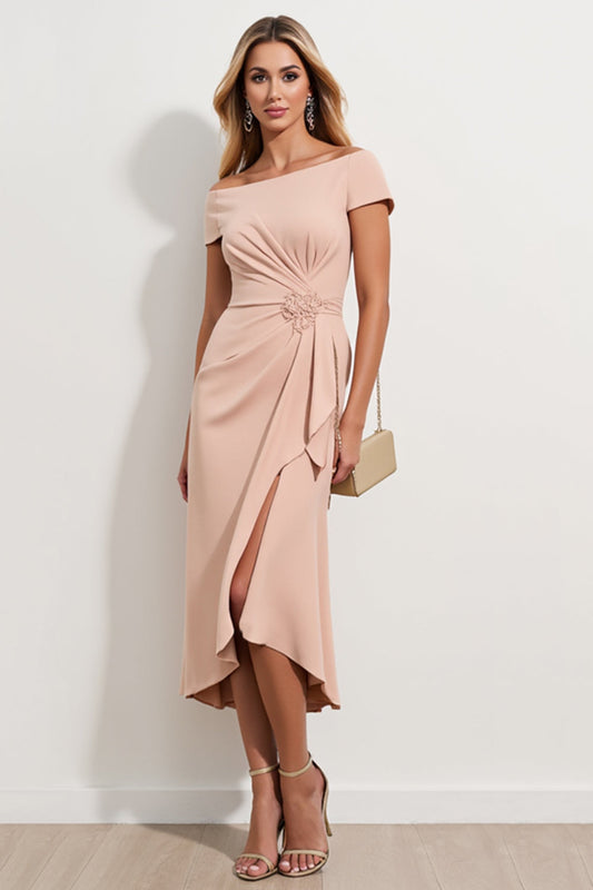 Apricot Sheath Ruched Long Mother of the Bride Dress with Short Sleeves