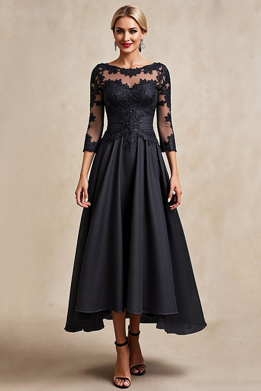 Black A Line Chiffon Illusion Boat Neck Long Mother of the Bride Dress with Lace