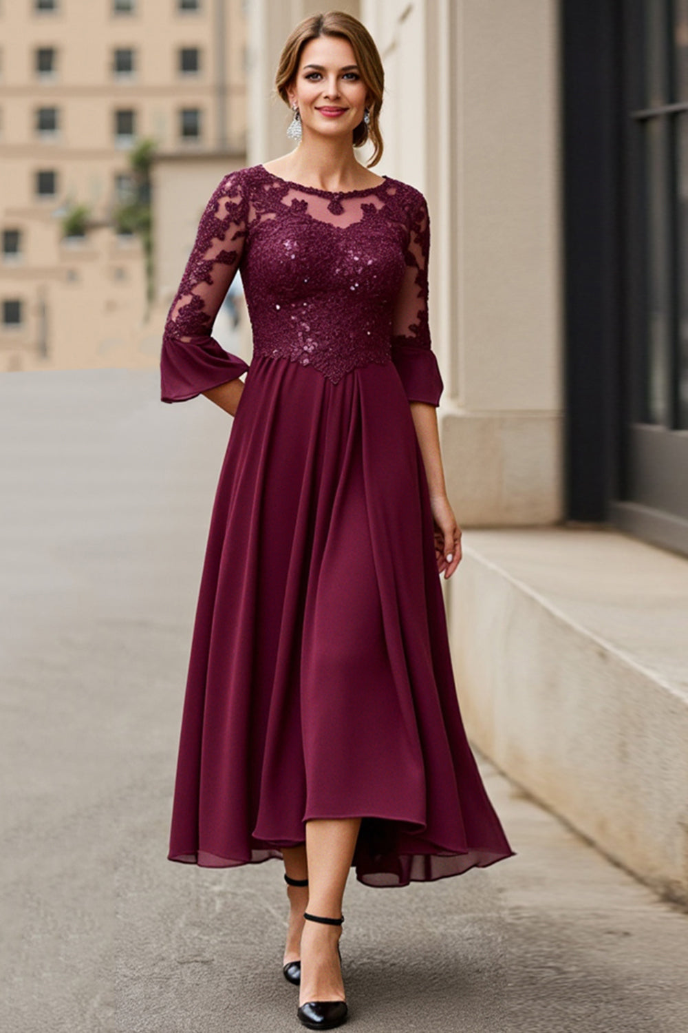 Zapakasa Women Cabernet A Line Chiffon Long Mother of the Bride Dress with 3/4 Sleeves Lace Appliques Illusion Boat Neck Chiffon Wedding Guest Dress Zapakasa Women Cabernet A Line Chiffon Long Mother of the Bride Dress with 3/4 Sleeves Lace Appliques Illusion Boat Neck Chiffon Wedding Guest Dress