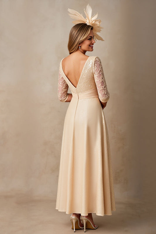Champagne A Line Boat Neck Long Mother of the Bride Dress with 3/4 Sleeves