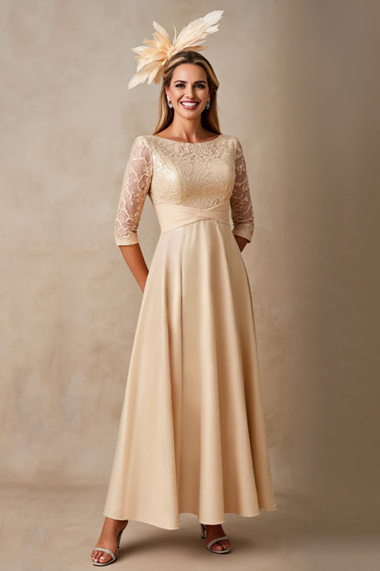 Champagne A Line Boat Neck Long Mother of the Bride Dress with 3/4 Sleeves
