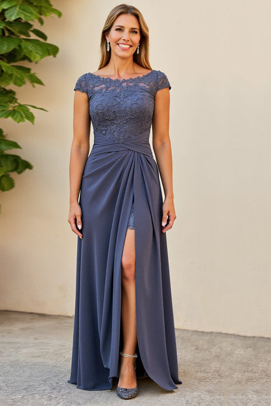 Twilight Boat Neck Long Ruched Mother of the Bride Dress with Slit