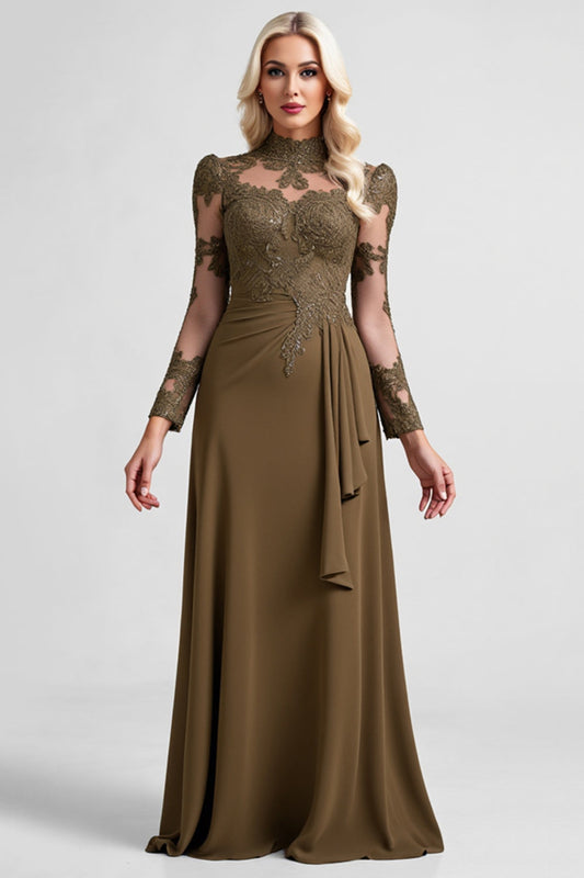 Olive Sheath Ruffled Lace Mother of the Bride Dress with Long Sleeves