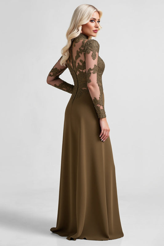 Olive Sheath Ruffled Lace Mother of the Bride Dress with Long Sleeves