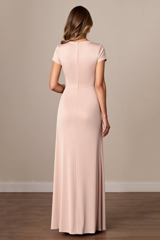 Apricot Sheath V-Neck Long Ruched Mother of the Bride Dress with Slit