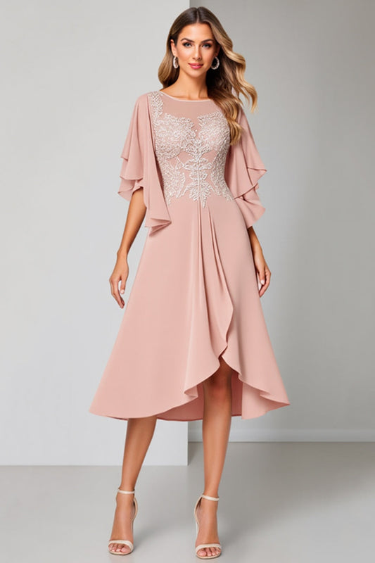 Blush A Line Ruffled Boat Neck Midi Mother of the Bride Dress with Sleeves