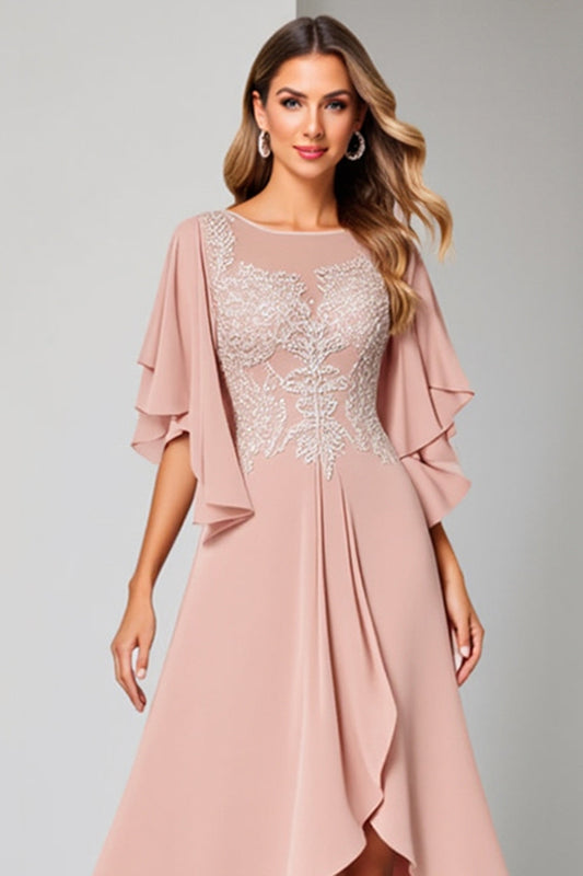 Blush A Line Ruffled Boat Neck Midi Mother of the Bride Dress with Sleeves