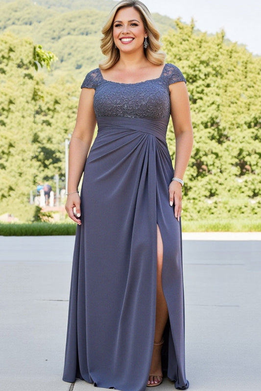 Plus Size Steel Grey Long Ruched Mother of the Bride Dress with Slit