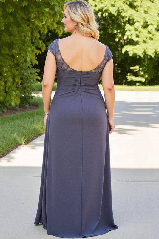 Plus Size Steel Grey Long Ruched Mother of the Bride Dress with Slit