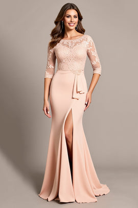 Blush Mermaid Appliqued Long Sleeves Mother of the Bride Dress with Slit