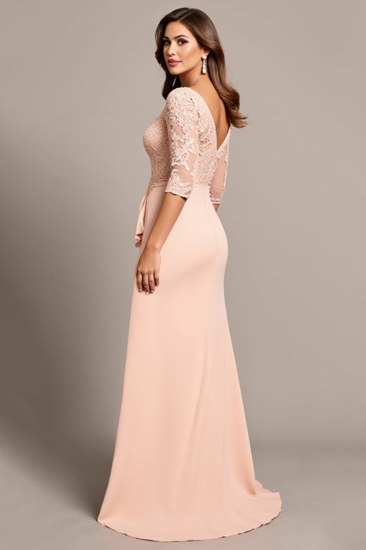 Blush Mermaid Appliqued Long Sleeves Mother of the Bride Dress with Slit