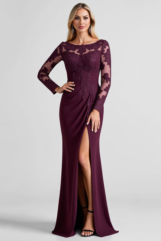 Grape Sheath Boat Neck Mother of the Bride Dress with Long Sleeves