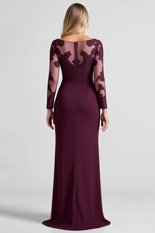 Grape Sheath Boat Neck Mother of the Bride Dress with Long Sleeves