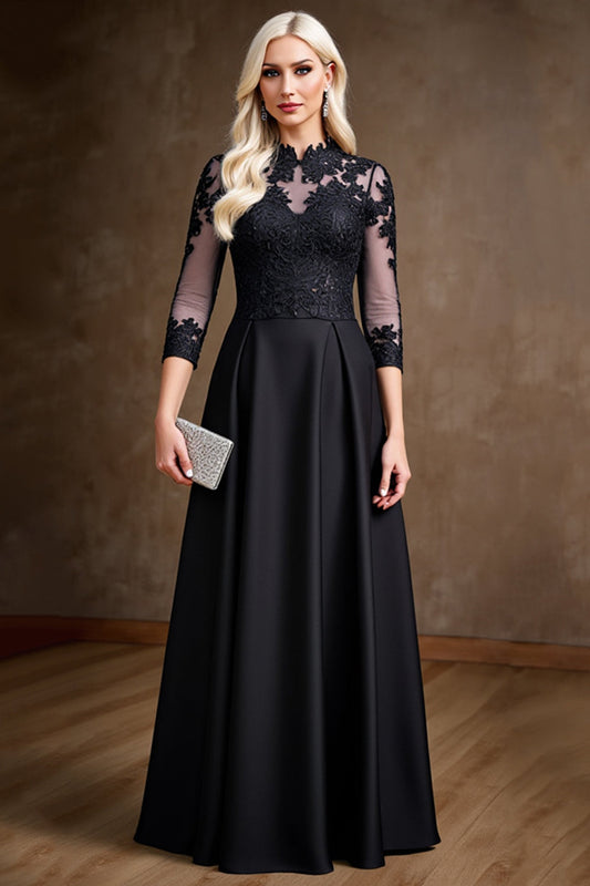 Black Illusion Neck A Line Satin Long Mother of the Bride Dress