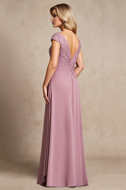 Vintage Mauve A Line Long Mother of Bride Dress with Cap Sleeves