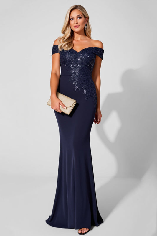 Sparkly Navy Off the Shoulder Long Mermaid Mother of the Bride Dress