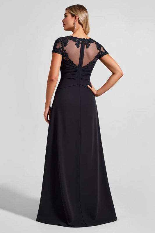Black A Line Illusion Boat Neck Long Mother of the Bride Dress with Slit