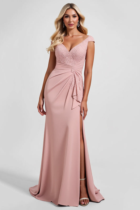Blush Ruched Sheath V-Neck Long Mother of the Bride Dress with Slit