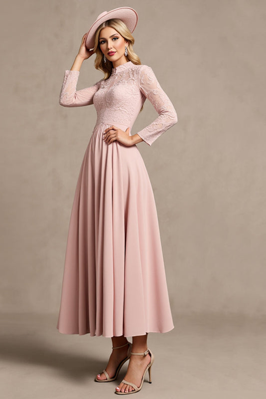 Candy Pink A Line Keyhole Mother of Bride Dress with Long Sleeves