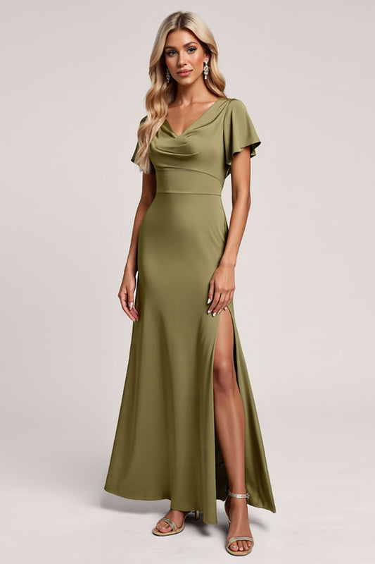 Olive Sheath V-Neck Satin Ruched Long Bridesmaid Dress with Sleeves