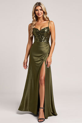 Sparkly Olive Satin Spaghetti Straps Backless Long Bridesmaid Dress with Slit