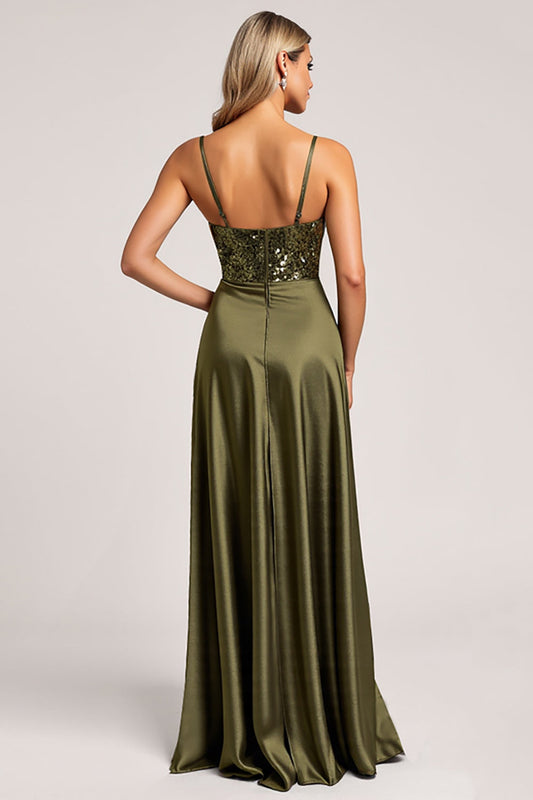 Sparkly Olive Satin Spaghetti Straps Backless Long Bridesmaid Dress with Slit
