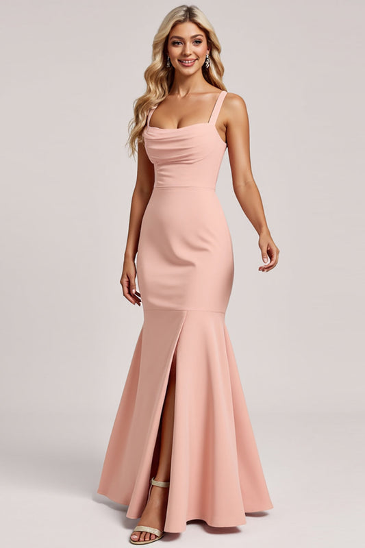 Blush Mermaid Spaghetti Straps Long Satin Bridesmaid Dress with Slit